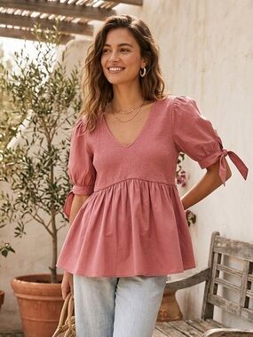 Women’s Pink Tie-Sleeve V-Neck Peplum Top